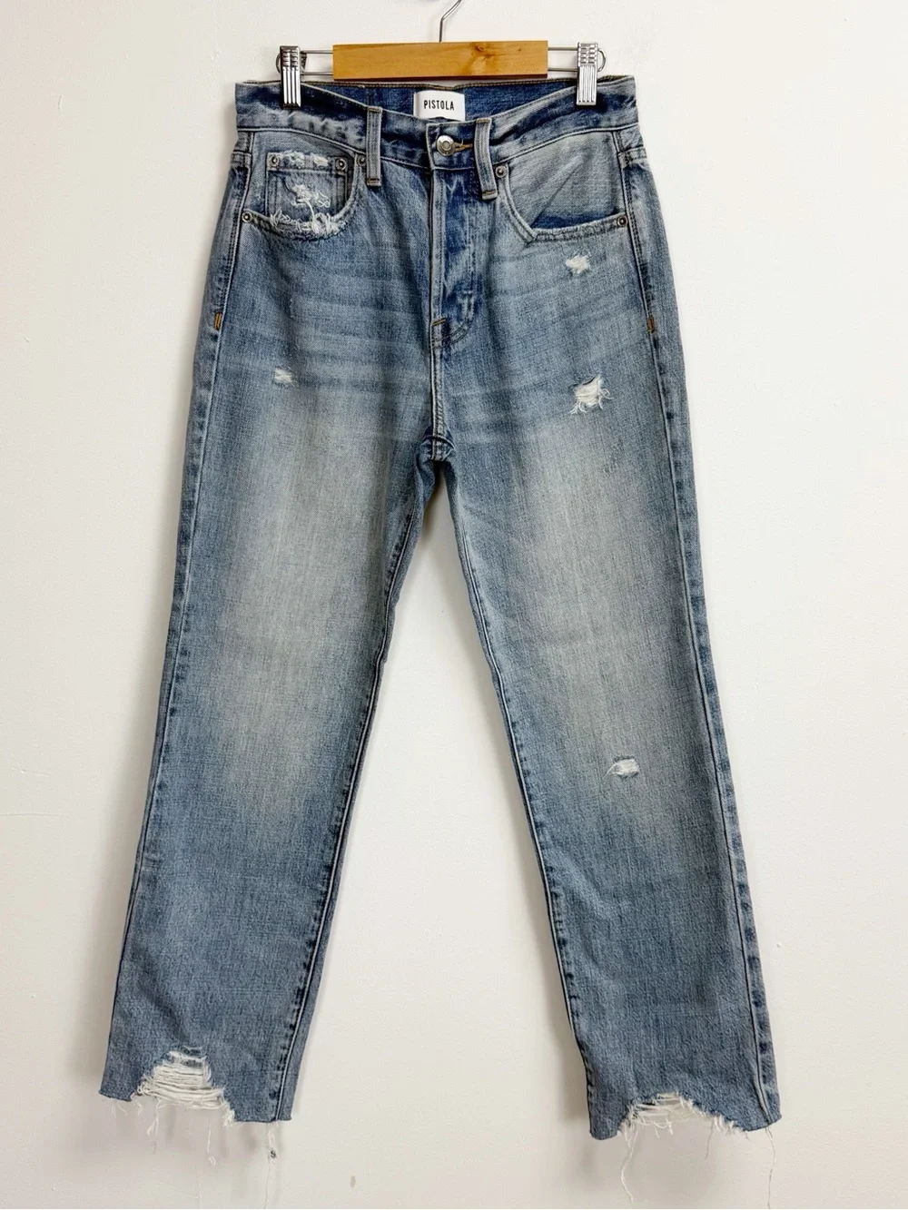 Pistola Jeans Womens 25 Blue Charlie High Rise Straight Distressed Button Fly